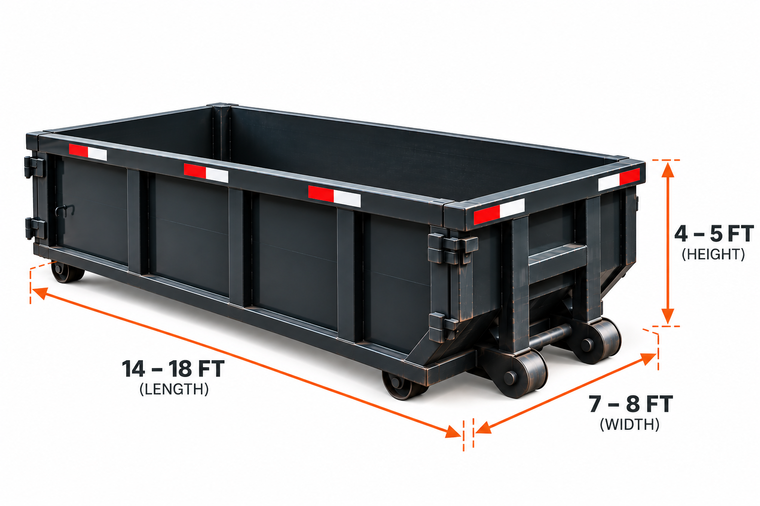 15-yard roll-off dumpster with typical length, width, and height dimensions for dumpster rental in Odessa, TX