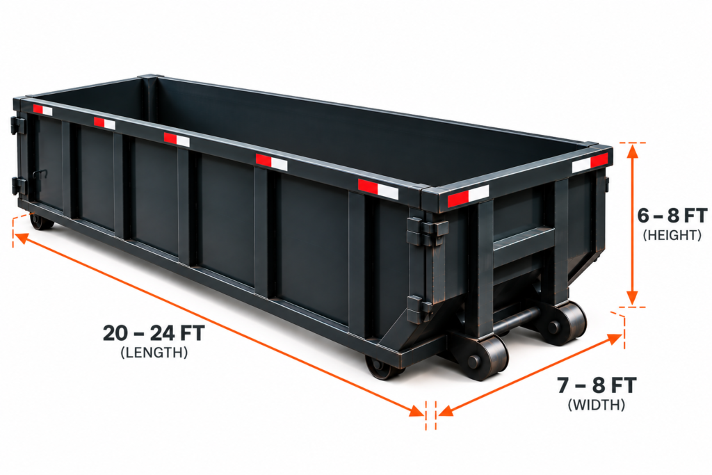 40-yard roll-off dumpster with 20–24 ft length, 7–8 ft width, and 6–8 ft height dimensions