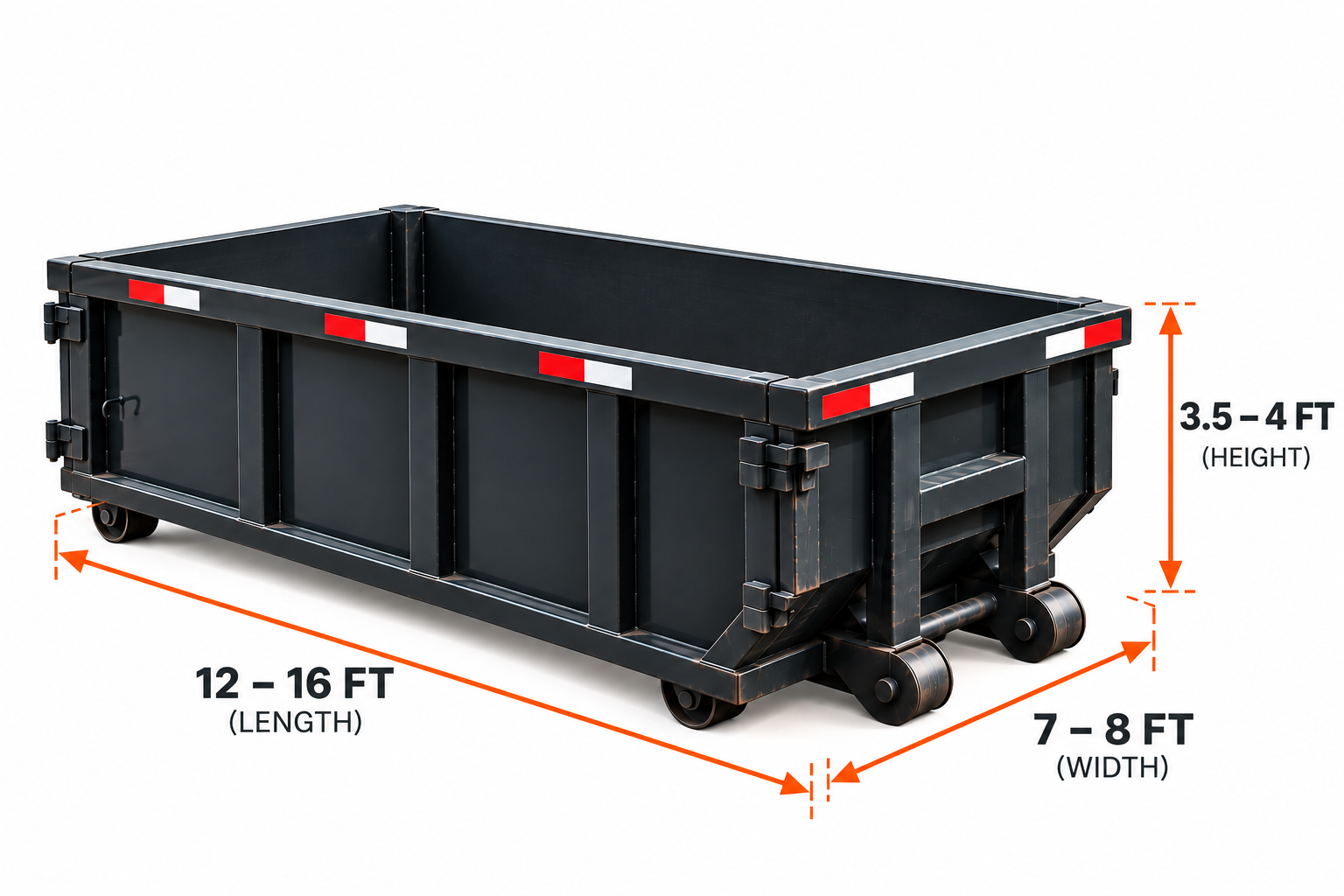 10 Yard dumpster placed in a white background by mentioning the dimensions
