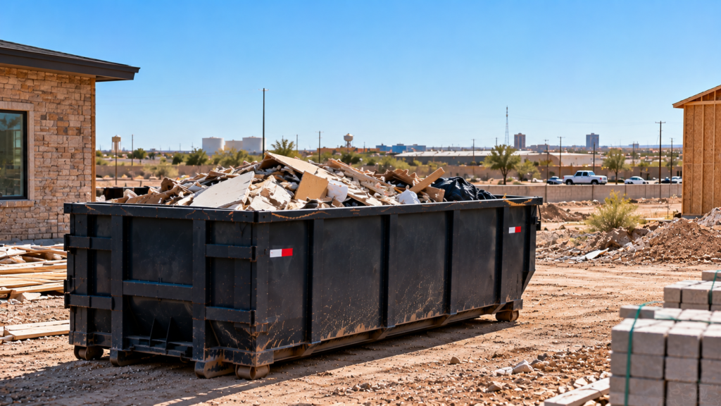 Black roll off container loaded with lumber, drywall, and rubble beside unfinished buildings at a construction site.