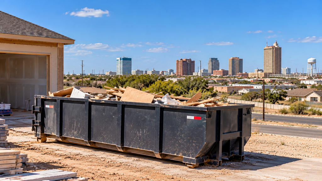 dumpster placed in front of home and skylines behind it