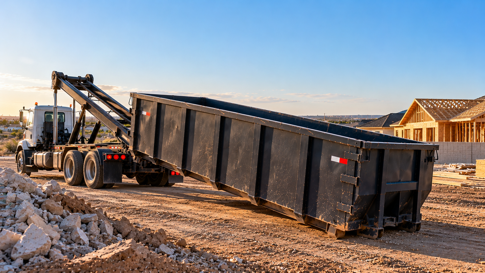 Roll off dumpster truck lowering a large black dumpster at a residential construction site in West Texas