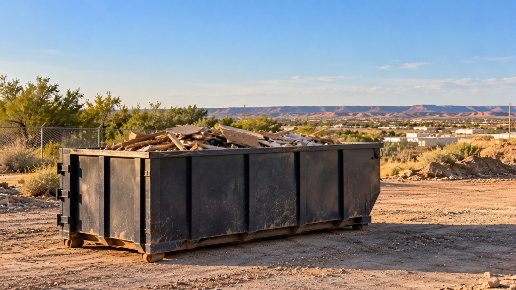 Roll off dumpster filled with construction debris at a dusty outdoor site in a West Texas setting